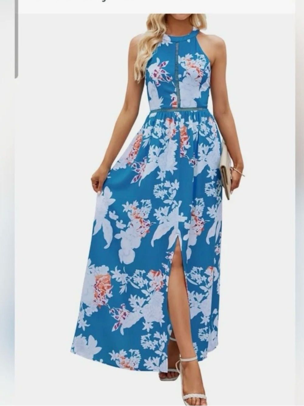 Sleeveless Blue Floral Halter Maxi Dress with Front Slit